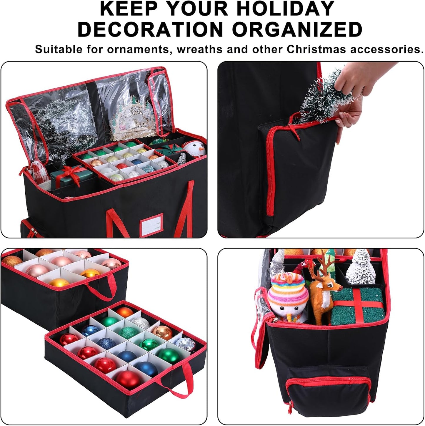 Skiennix Large 2-in-1 Christmas Ornament Storage Box - High Capacity, Easy Organization | Protect Holiday Decorations (Black)
