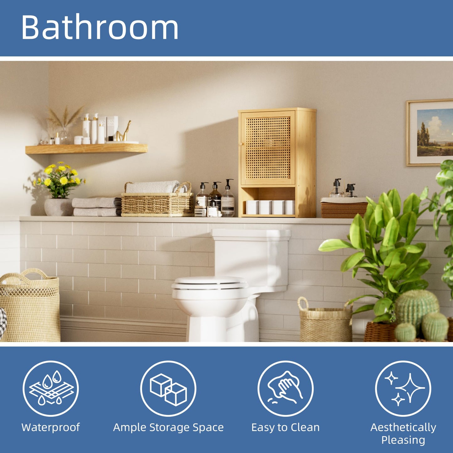 HITNET Bathroom Wall Cabinet, Rattan Medicine Cabinet, Bamboo Hanging Storage Organizer Over The Toilet with Adjustable Shelf for Living Room, Kitchen, Hallway(Natural)