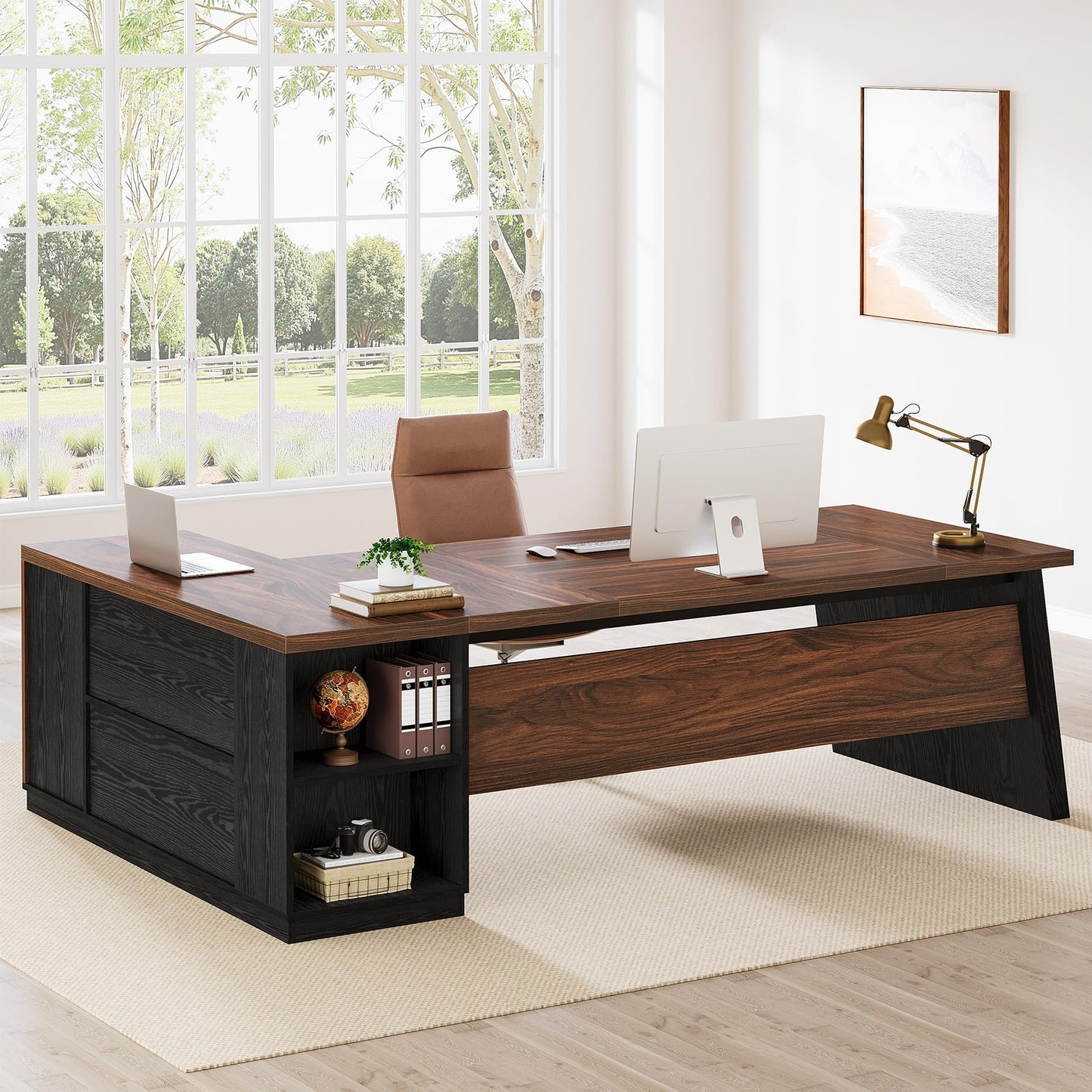 Tribesigns 78" L Shaped Executive Desk, Large Office Desk with Drawers and Storage Shelves, Modern Corner Computer Table Business Furniture for Home Office (Walnut & Brown)