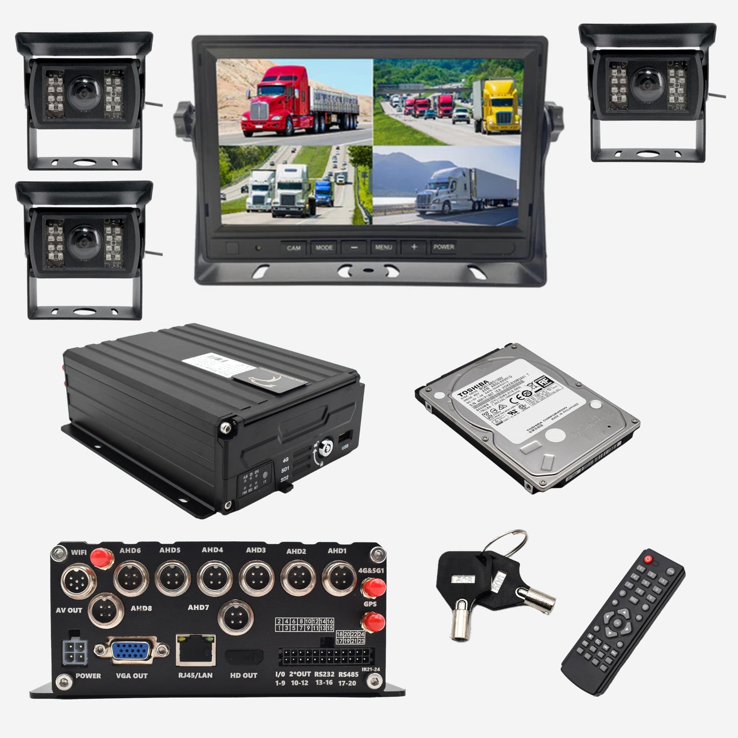 Falcon Eye 3-8 Cam Live Streaming Fleet Management System: 3 HD Night Vision Weatherproof Cameras, 1TB Storage, GPS Tracking, Black Box, Remote WiFi/4G App Access, LCD Monitor & 3 Pro Cables