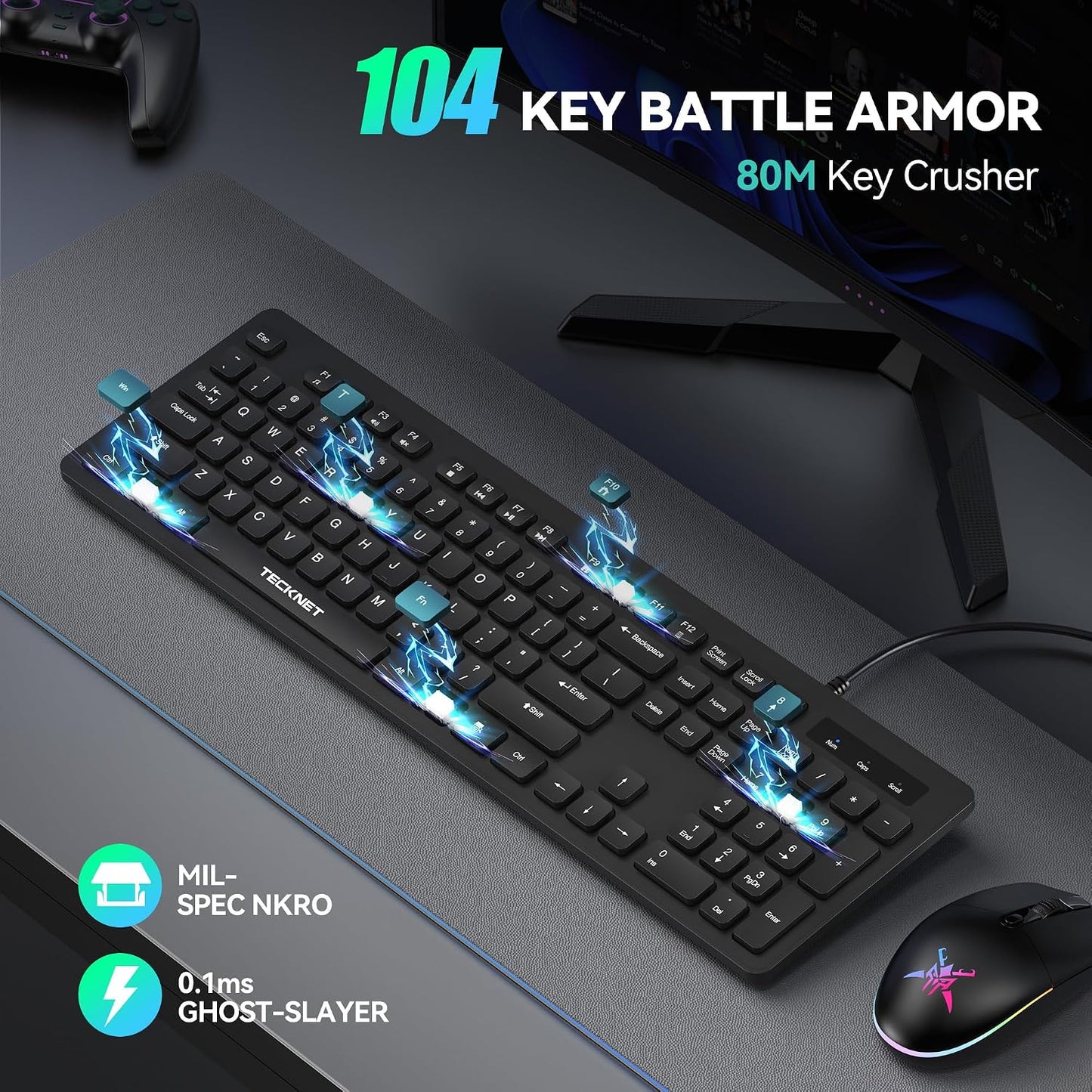 TECKNET Wired Keyboard,Silent USB Keyboard for Office,Spill-Resistant,Slim Full-Size Membrane Layout,Plug and Play