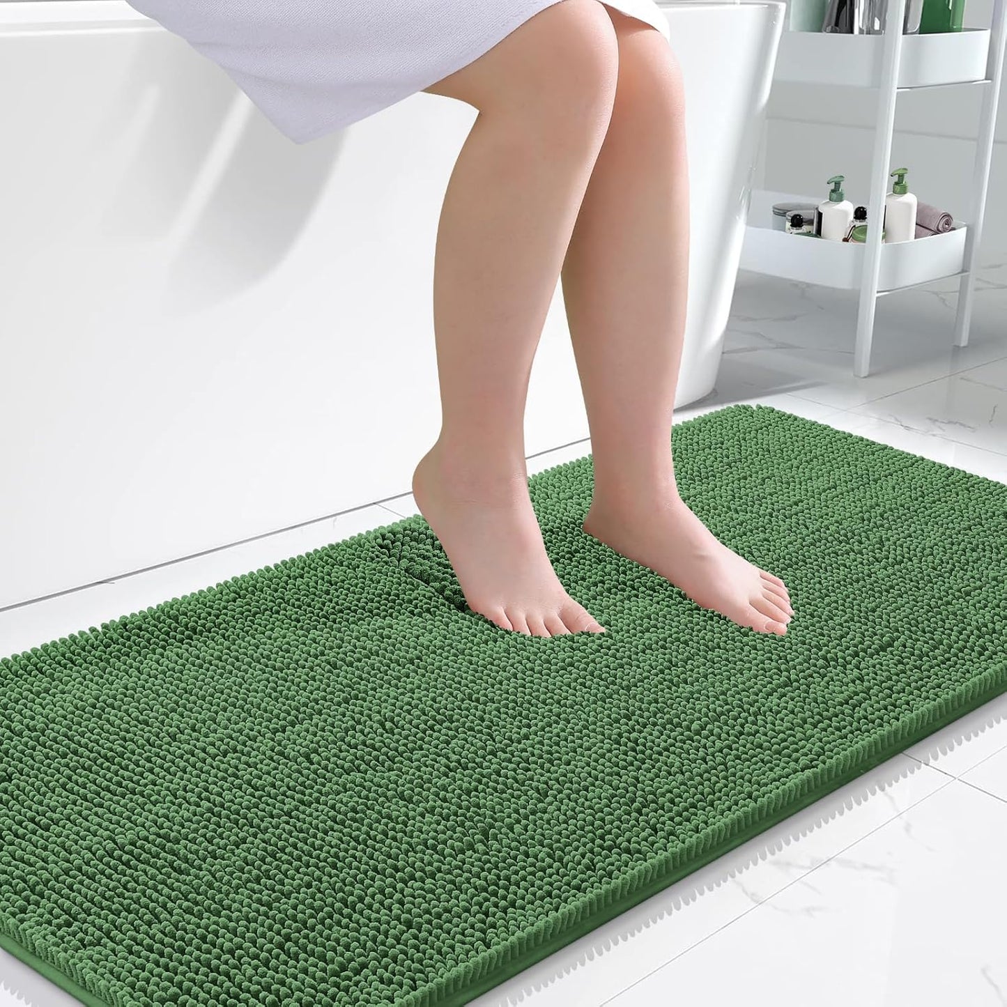 OLANLY Bathroom Runner Rugs - Soft Absorbent Chenille Bath Mats | Quick Dry, Machine Washable, 47x24, Olive Green