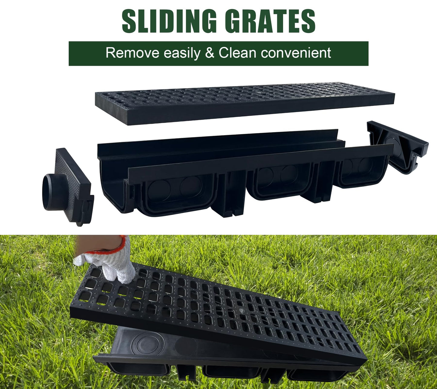 Natotela HDPE Channel Drain with Grates-19.7x5.5x3.7 in. Trench Drain System, 12 Pack Total Length 236.3 in, Yard Drainage System with 2 Outlet Adapters for Outdoor,Yard Fence,Sidewalk,Patio