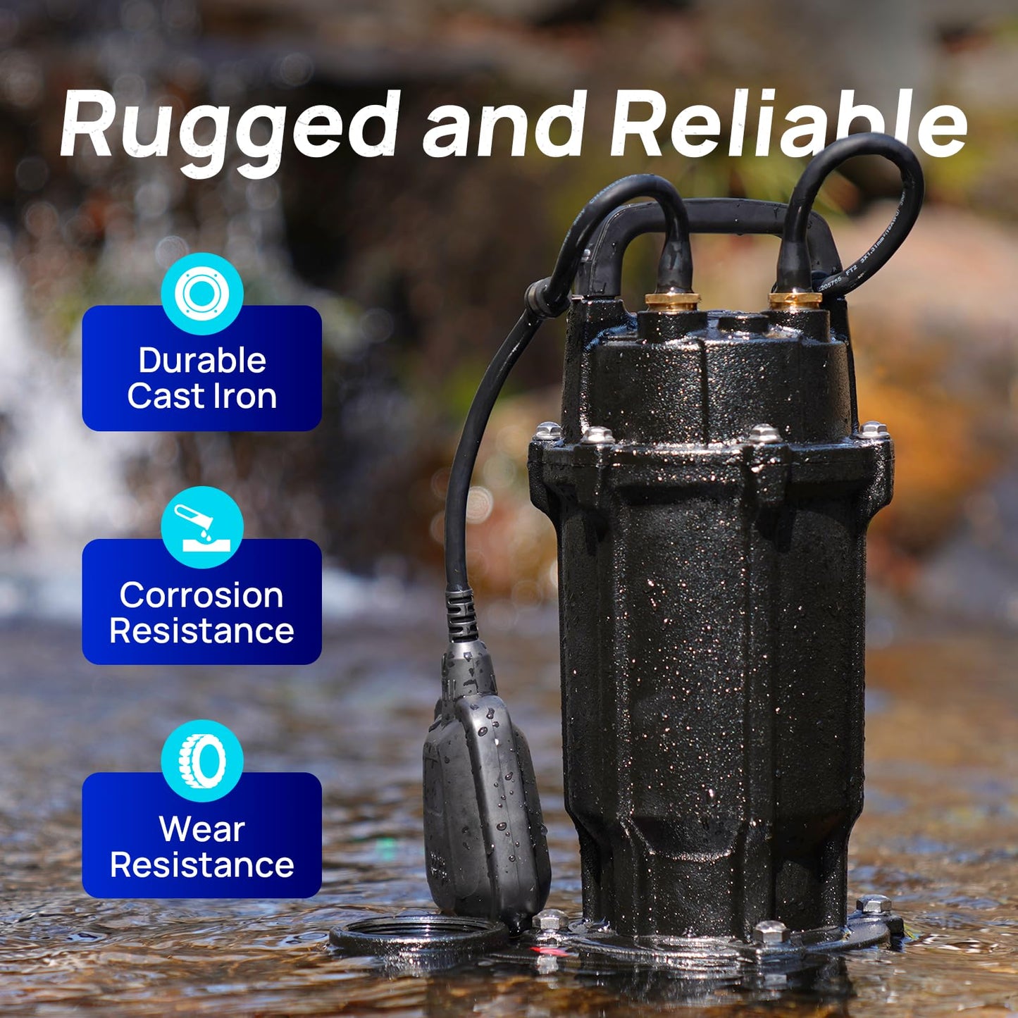 Aquastrong 1 HP Sewage Grinder Pump, 4200 GPH Sewage Pump 2 inch Discharge, Cast Iron Sump Pump Submersible with Auto Float Switch for Basement Sump Basin and Sewage Well, Black