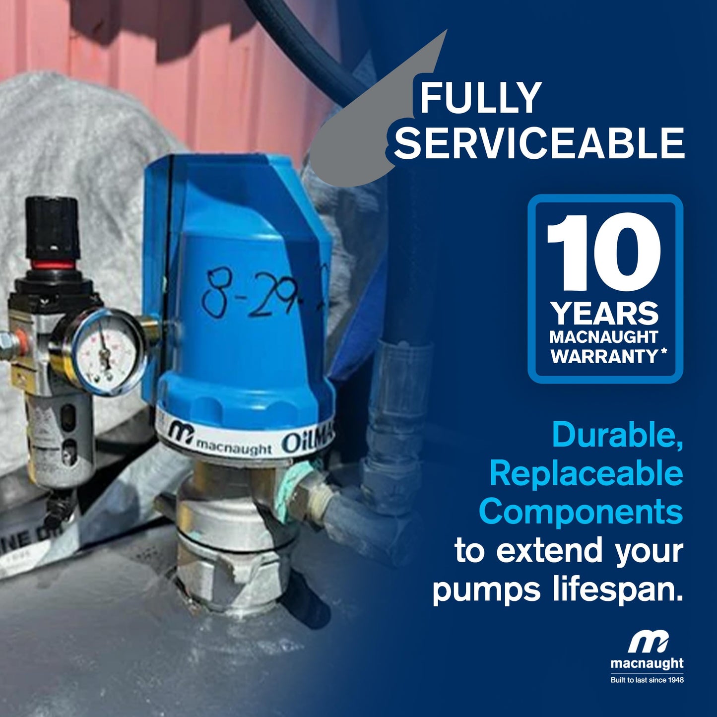 Macnaught 3:1 Ratio Air Operated Oil Transfer Pump. For gear oils up to SAE140, ATF, hydraulic & anti-freeze/anti-boil (Not for Gasoline or Diesel)