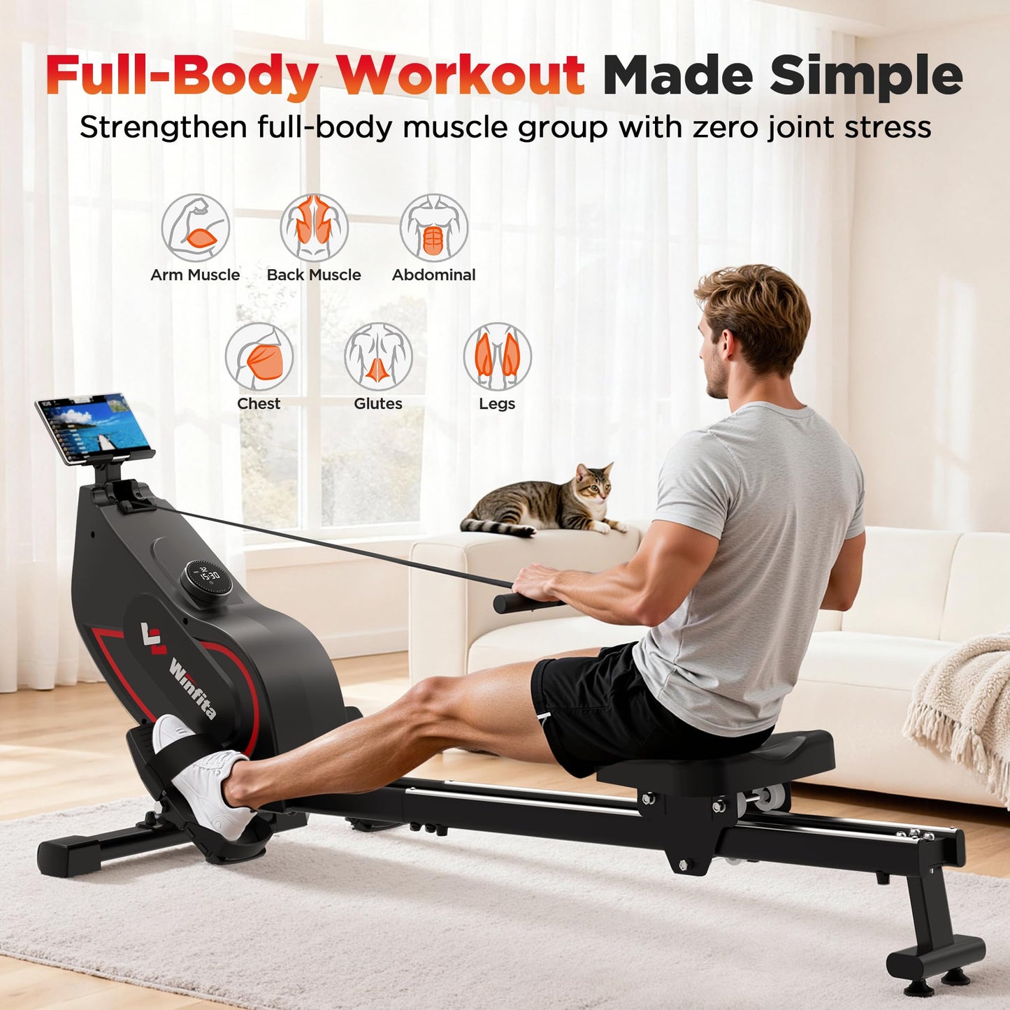 Winfita Rowing Machines for Home Use, Compact Rower Machine with 350 LBS Capacity,32-Level Self-Powered Resistance Knob with Real-Time Data Tracking, Dual Rail, Ergonomic Seat, App Support