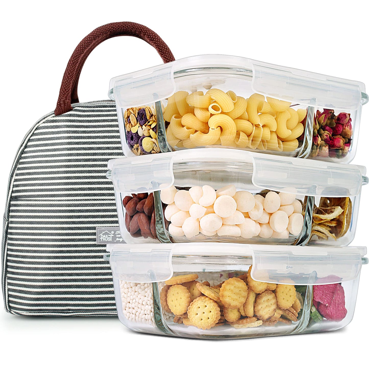 DAS TRUST 3 Pack Bento Box Glass Meal Prep Containers - 3 Compartment Glass Food Storage Containers with Lids - Lunch Box Meal Prep Bowls - Oven Safe