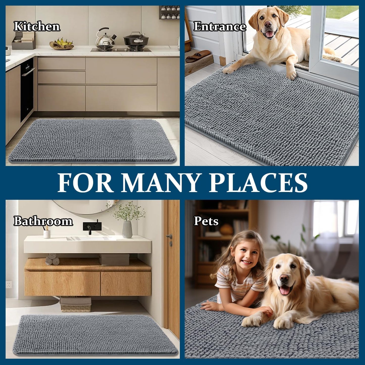 OLANLY Dog Door Mat - Absorbent Non-Slip Chenille Mat for Muddy Paws | 59x35 Inches, Grey