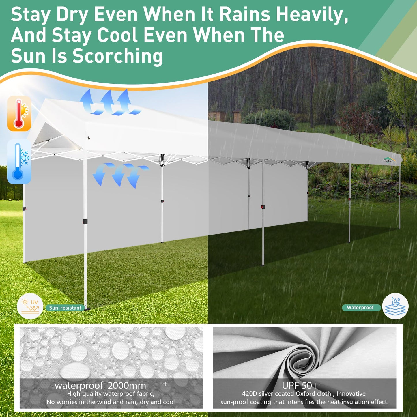 COBIZI Carport 10x30 Pop Up Canopy Car Tent with One Push Center Lock, Outdoor Portable Garage Tents for Parties UPF50+ Waterproof All-Season Car Canopy with Wheeled Bag,3 Sidewalls, Adjustable Height