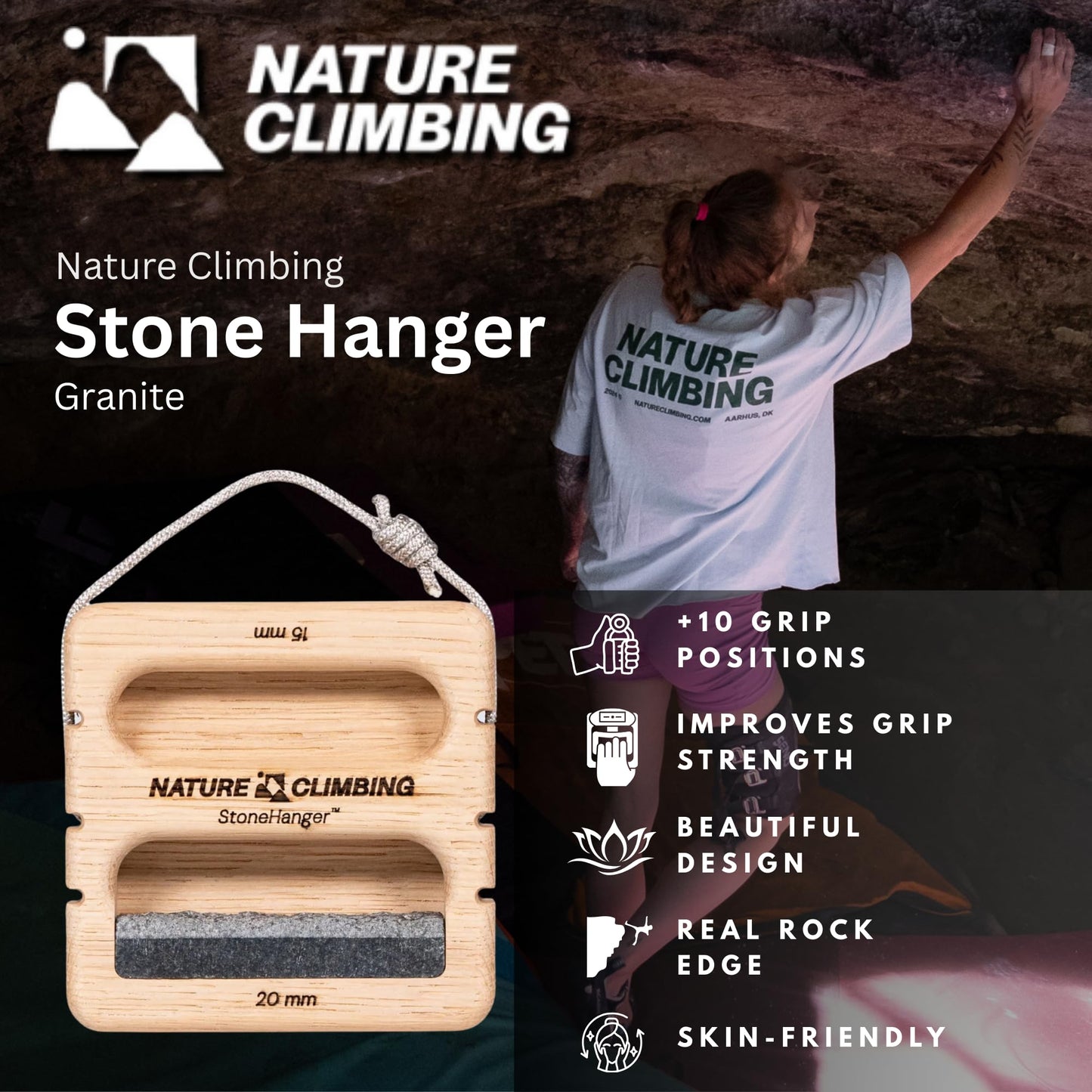 Nature Climbing Stone Hanger Portable Hangboard – Real Rock Texture, 6/10/15/20mm Edges | Finger Strength Training, Crimp & Pinch Board for Rock Climbing & Bouldering