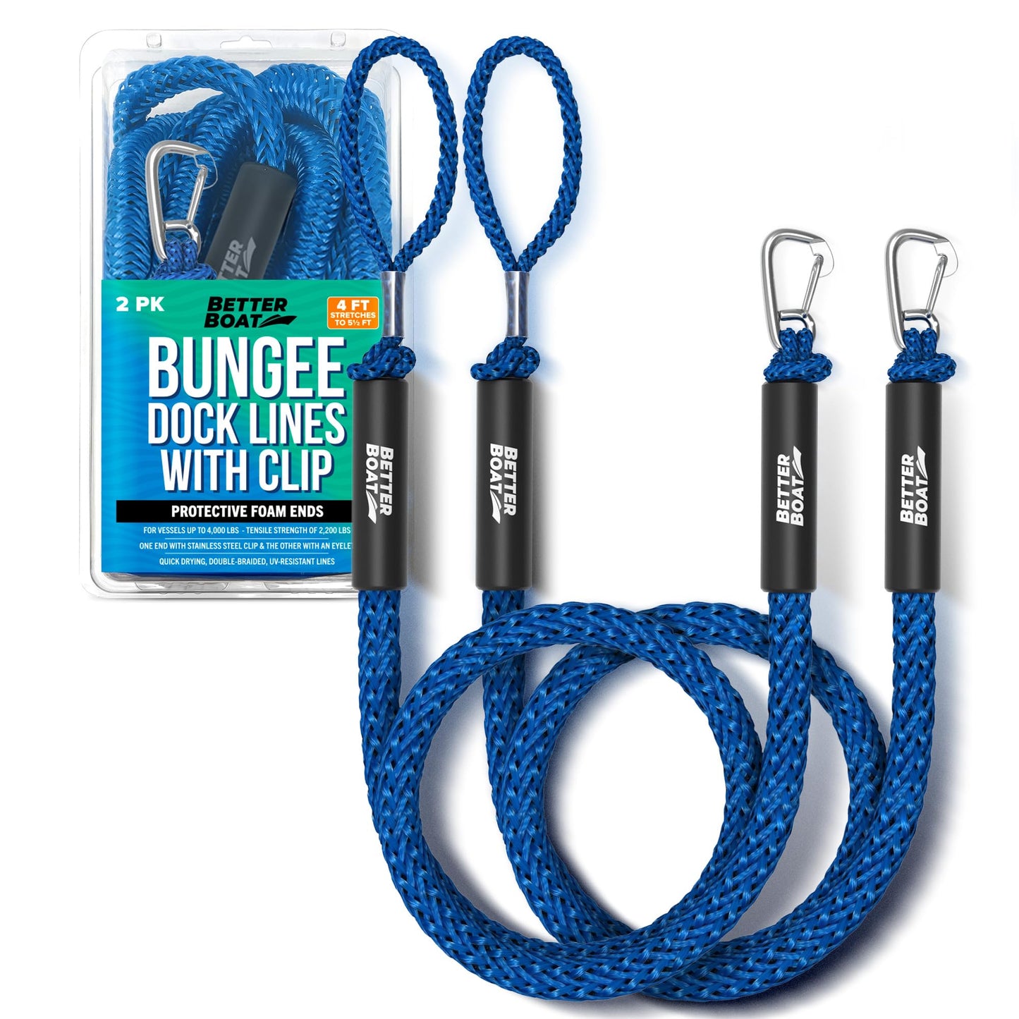 Better Boat Blue Marine Grade Bungee Dock Lines, 2 Pieces, Stainless Steel, 4ft-5.5ft, Elastic Cords & S-Hooks