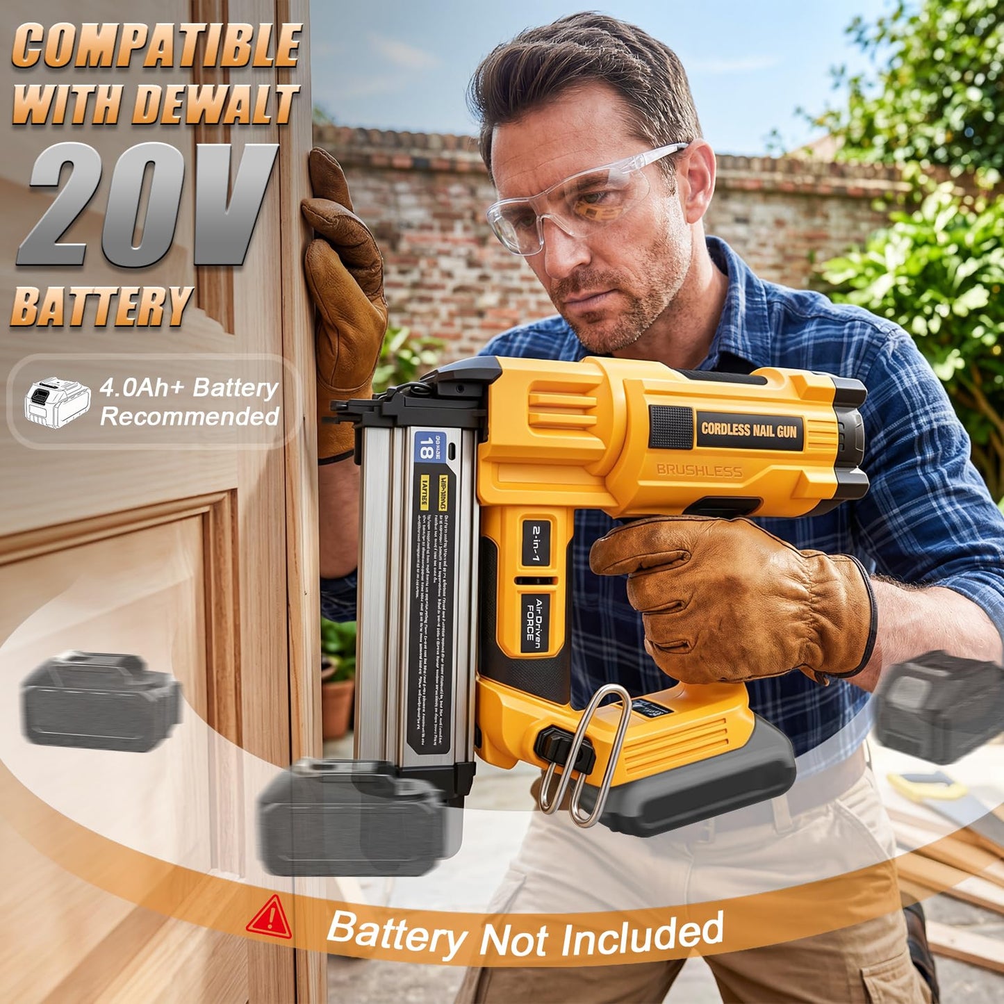 Cordless 2" Brad Nailer Compatible with DeWalt 20V Battery (No Battery), Heavy-Duty 2 IN 1 Electric Nail Gun/Staple Gun 18GA, Battery Powered Brad Nailer for Woodworking & Home Improvement, 6.68 LBS