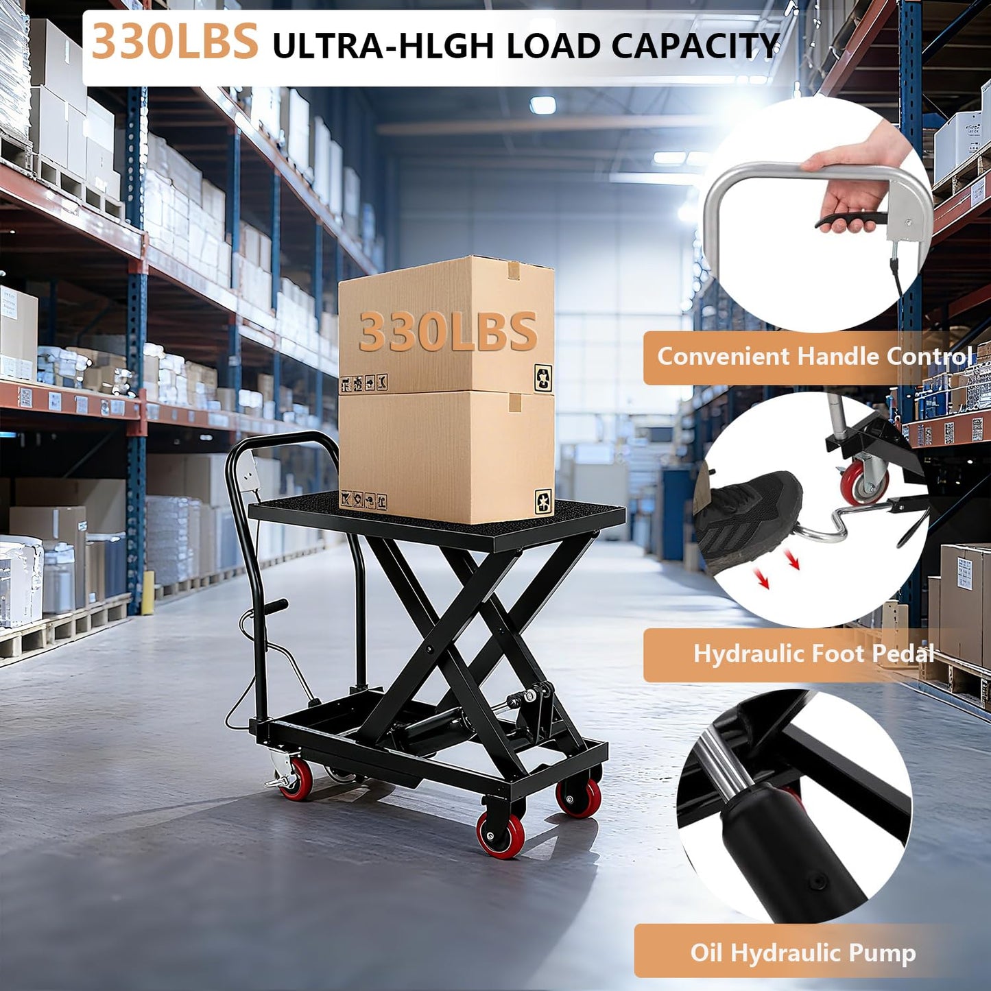 Hydraulic Lift Table, 330 Lbs Capacity, 28.4" Lifting Height, Single Scissor Lift Table Cart with 4 Wheels and Non-Slip Pad, Manual Hydraulic Lifting Cart (Black-330-Single)