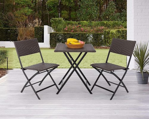 FDW Patio Furniture - 3 Piece Folding Rattan Chair Set with Coffee Table - Brown Outdoor Conversation Set