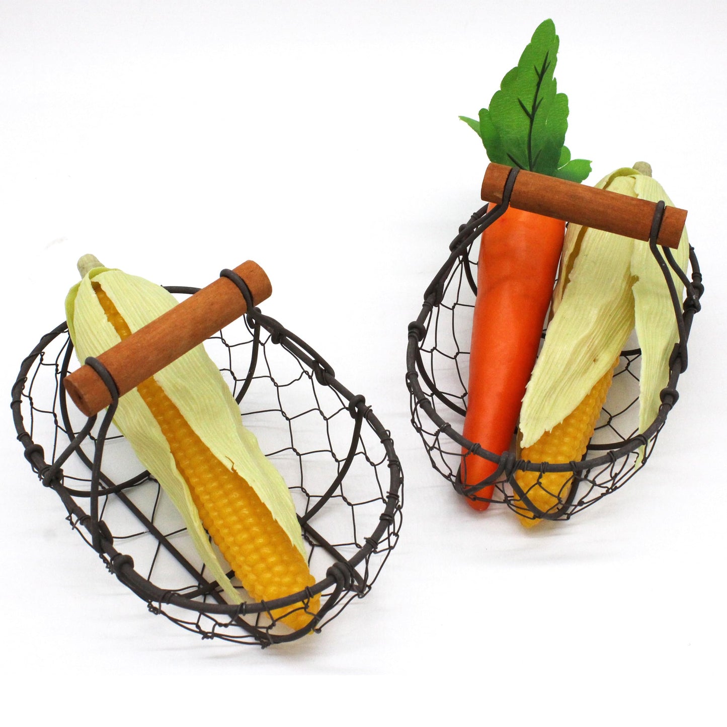 CVHOMEDECO. Chicken Wire Egg Baskets Rust Gathering Baskets with Wooden Handle Country Vintage Style Storage Baskets. Set of 2 (Oval)