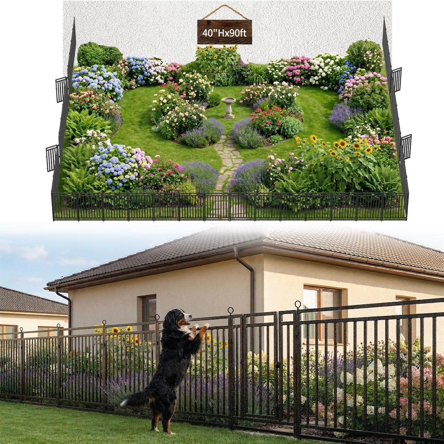 Decorative Garden Fence Metal Dog Fence Outdoor, 40in (H) x 90ft (L), 35 Panels + 5 Gates, Heavy Duty Garden Fencing Animal Barrier for Patio & Flower Bed, Black-Silver