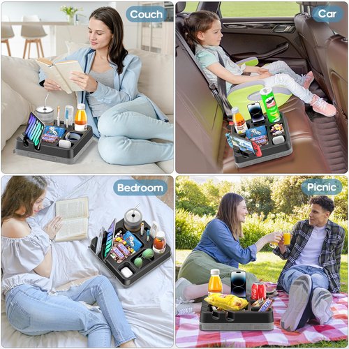 Couch Cup Holder Tray Couch Cup Holder Pillow Bed Tray Snack Sofa Bed Caddy Organizer Beach Sofa Drink Holder Anti-Spill Portable Snack Caddy Couch Remote Holder for Phone Pad Kindle Beverage Black
