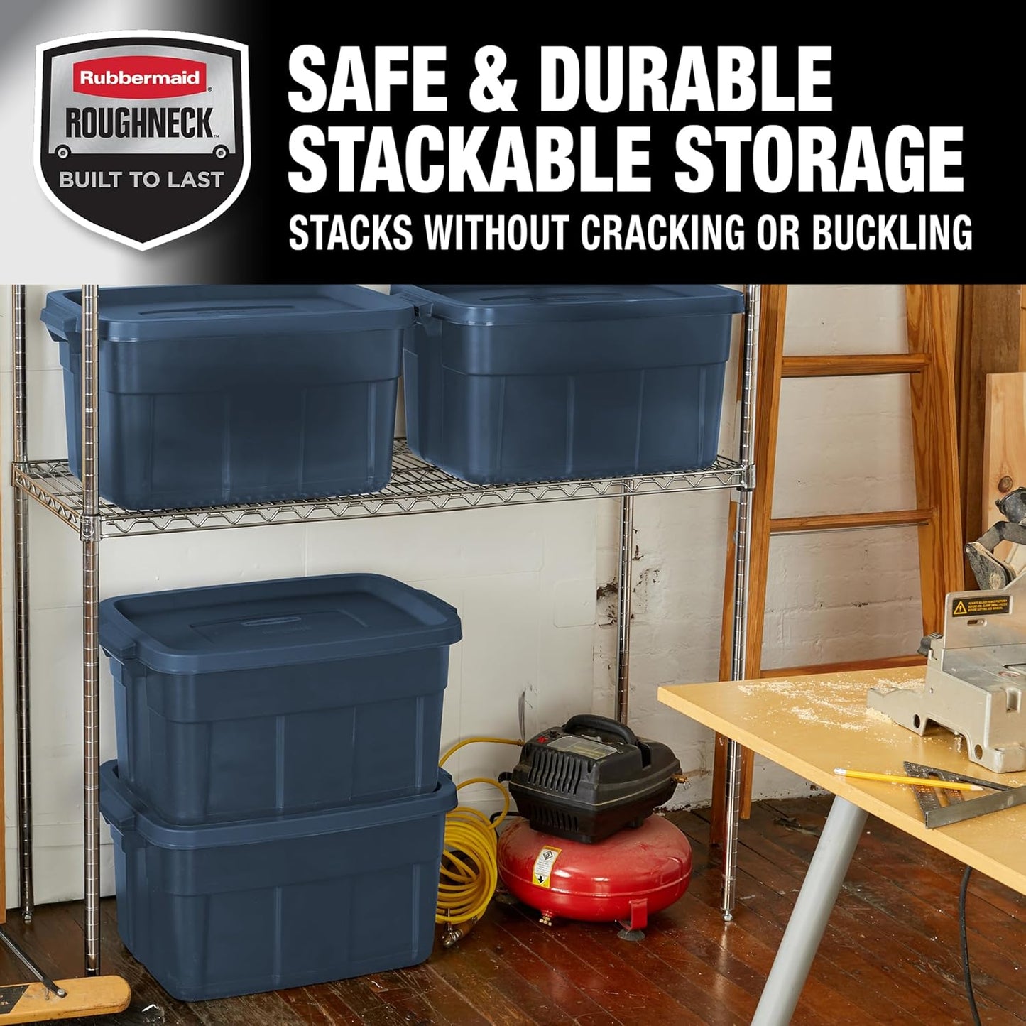 Rubbermaid Roughneck Tote - 14 Gallon Stackable Storage Bins with Lids & Handles | Dark Indigo Metallic, 6 Pack
