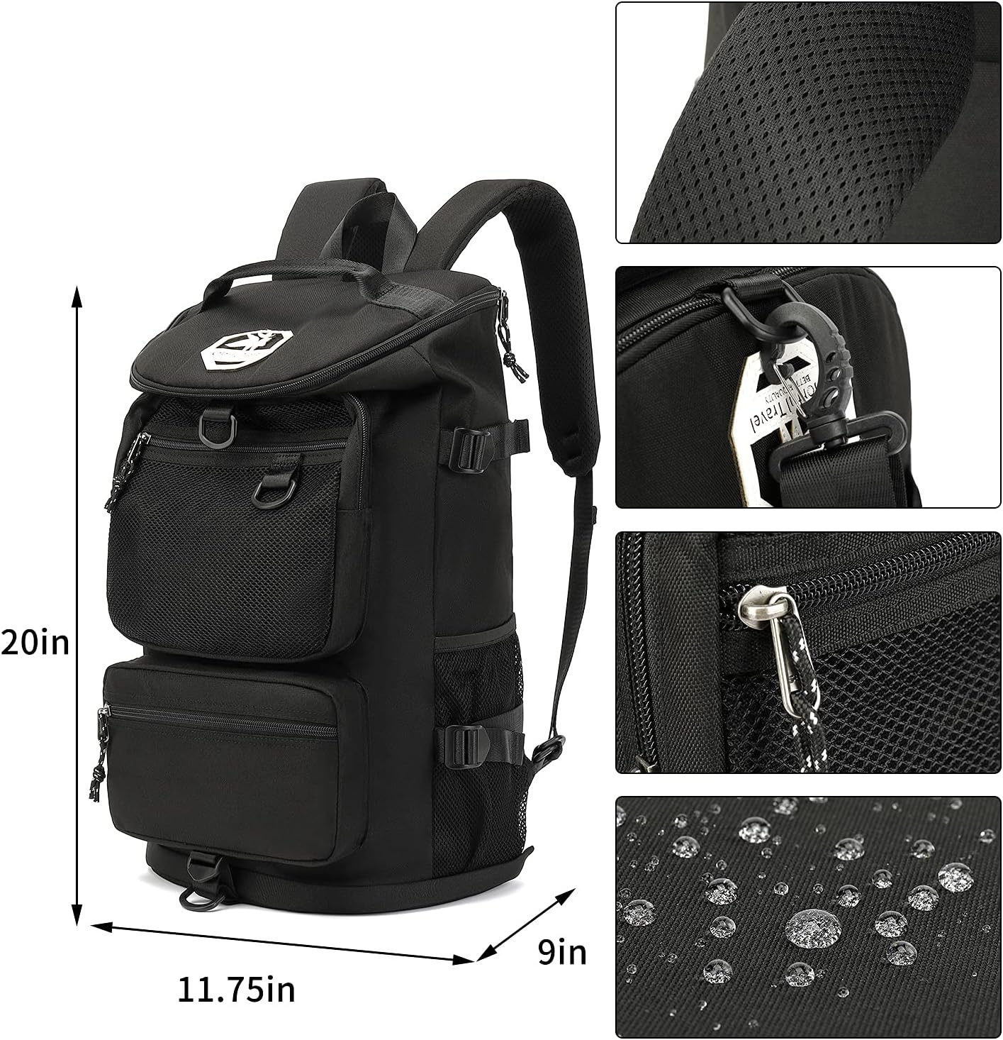 Backpack 4-Way Kalesi Gym Duffle Bag Waterproof with Shoes Compartment for travel Sport Hiking laptop (Black)