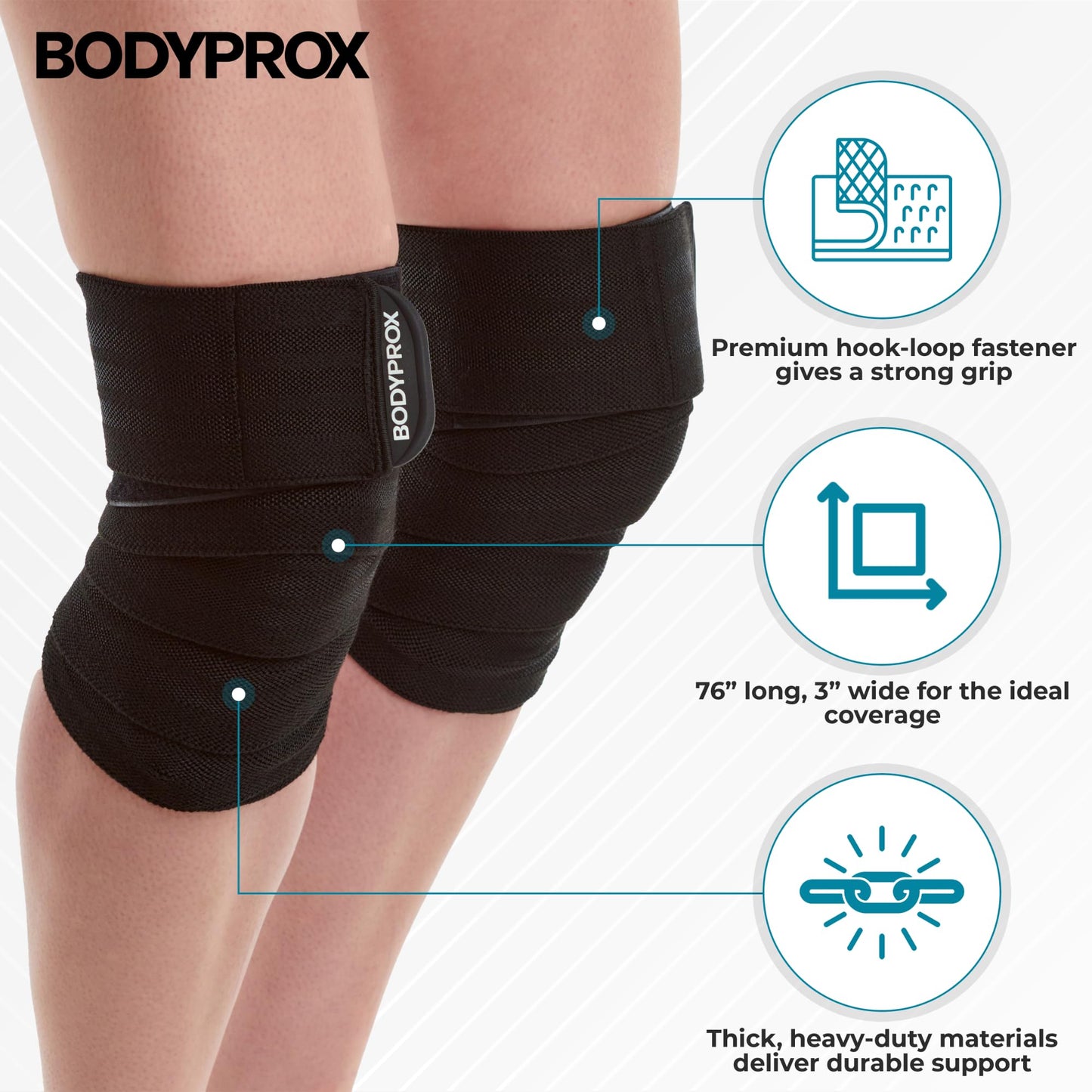 Bodyprox Knee Wrap 2 Pack for Squats, Weightlifting, Powerlifting, Leg Press, and Cross Training, Knee Support for Men and Women
