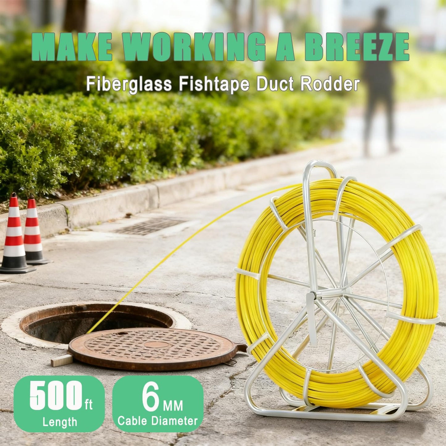 6mm (1/4") x 500ft (152M) Fiberglass Duct Rodder, Heavy-Duty Electrical Fish Tape Cable Puller with Durable Steel Reel Stand & Cage Wheel, Wire Running Rod for Conduit Installations