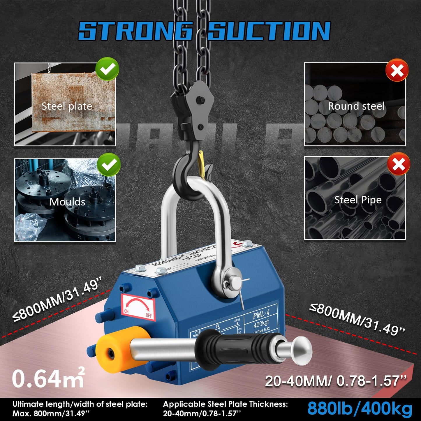 Mxmoonant 880lb/400kg Permanent Magnetic Lifter Magnet Lifting Hoist with Handle, 2.5X Safety Factor, Heavy Duty for Suction Steel Iron Sheet Block