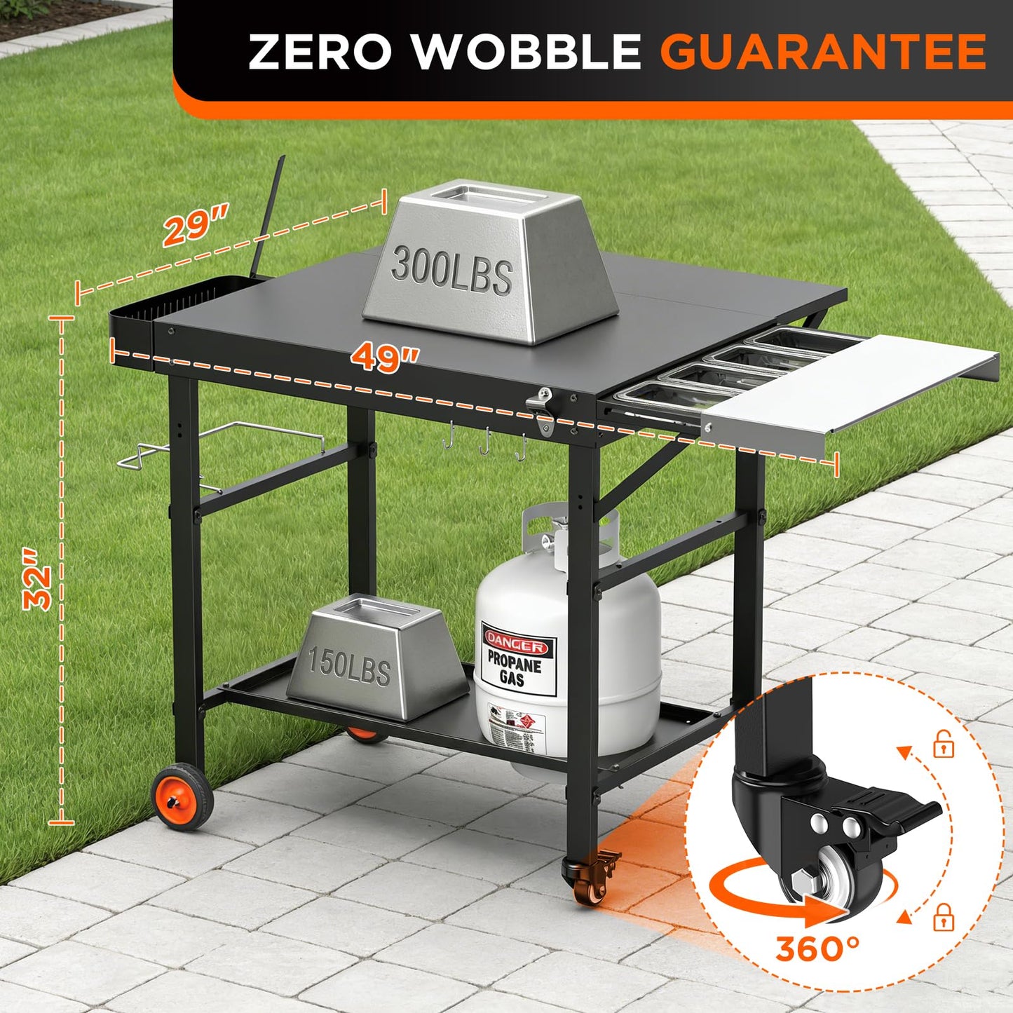 EUTRKei Pizza Oven Table with Topping Station - 45" x 29" Outdoor Grill Cart for Ooni, Ninja, Gozney, Solo Stove, Heavy Duty 450lbs Capacity, Grill Table with Extendable Desk for Tailgating Backyard