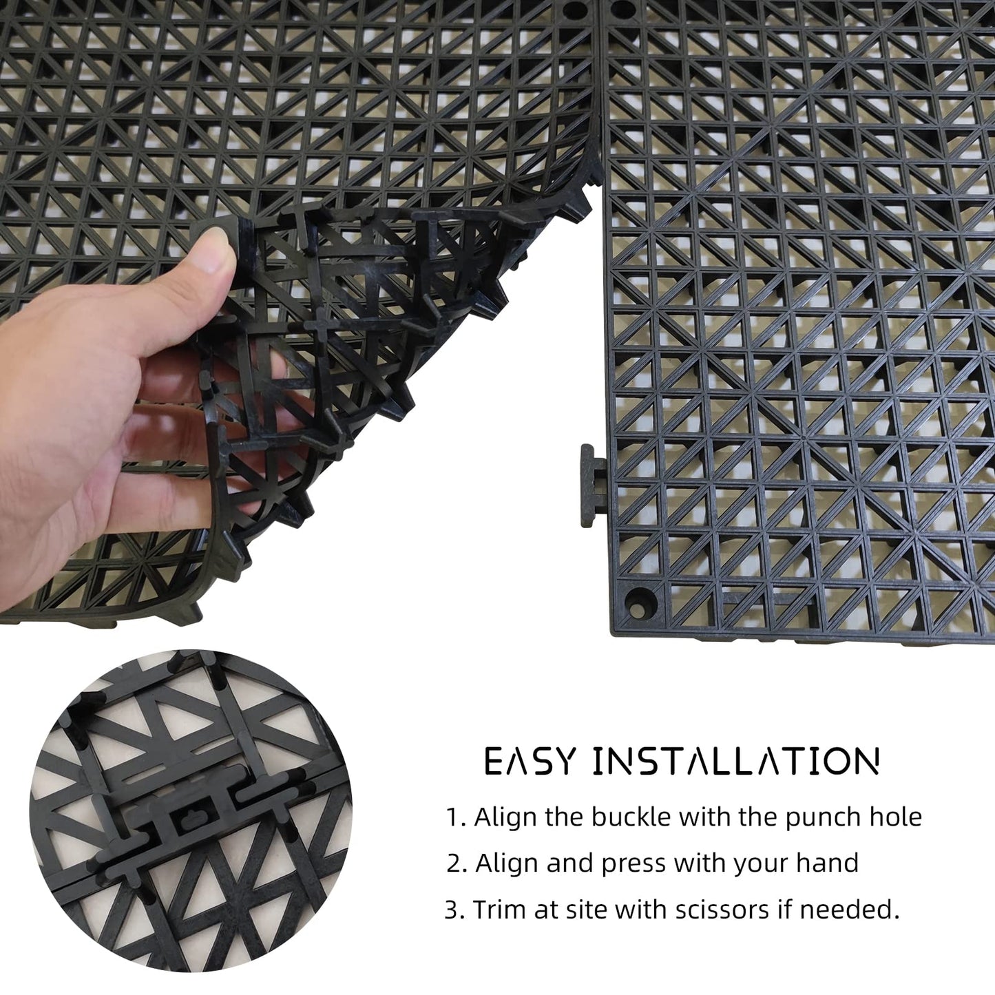 Jaderlu 12 Pack Modular Interlocking Cushion 11.6" x 11.6" Rubber Mat Floor Tile Mats Drain Pool Patio Balcony Yard Pet Area Washer Pad(Black)