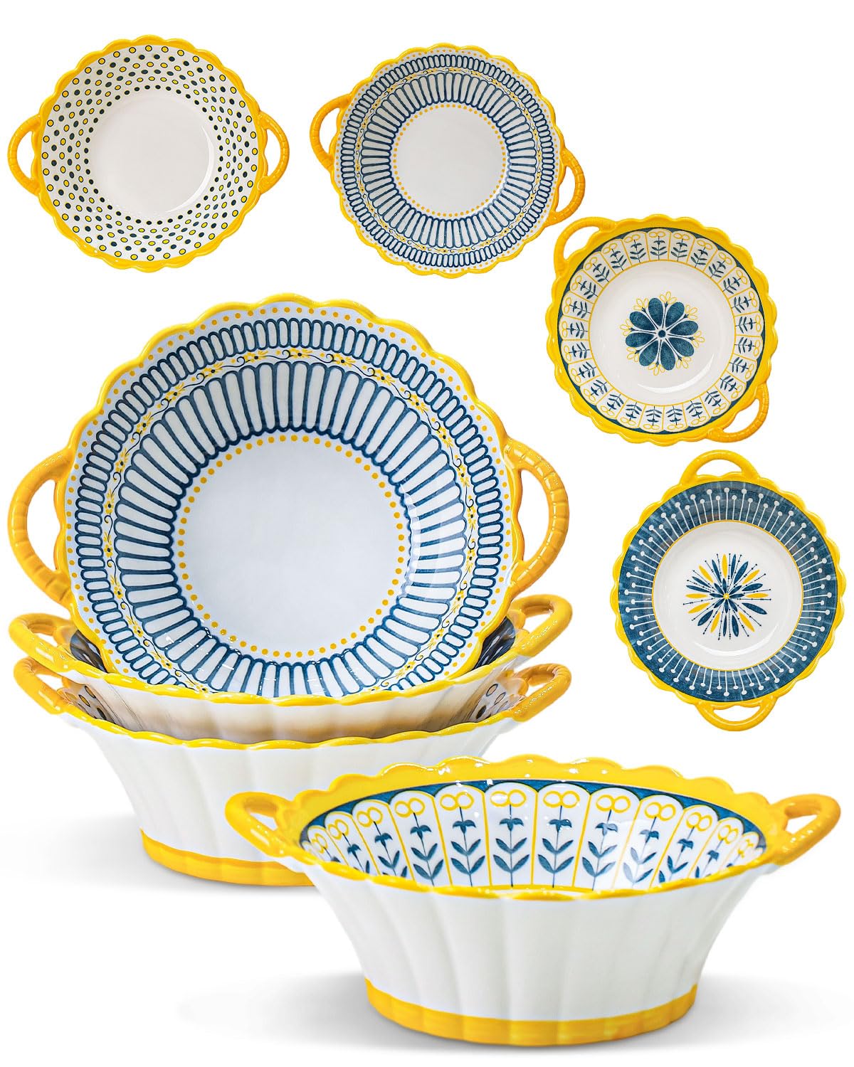 Yeacccng Bohemian Soup Bowls with Handles Set of 4, 20 Oz Indented Grooved Ceramic Bowls, 6.5 Inch French Onion Soup Bowls, Lead-Free, Scratch-Resistant, Oven/Microwave Safe