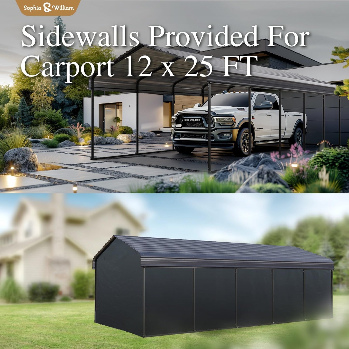 Carport 12x25 ft, Heavy Duty Car Ports Porable Garage Kit Shed Tent Shelter Metal Frame All Weather Outdoor for Boat with Removable Sidewalls, Grey