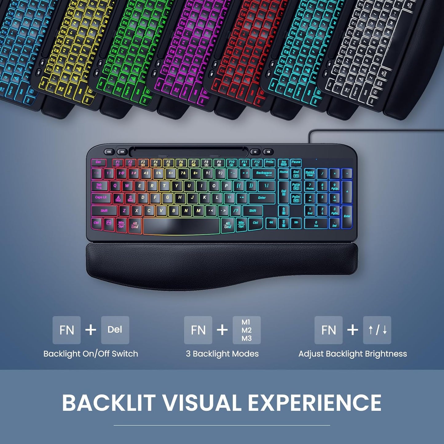 VEILZOR 7-Color Wired Ergonomic Keyboard, Backlit USB Computer Keyboard with Wrist Rest, Wave Keys, Phone Holder