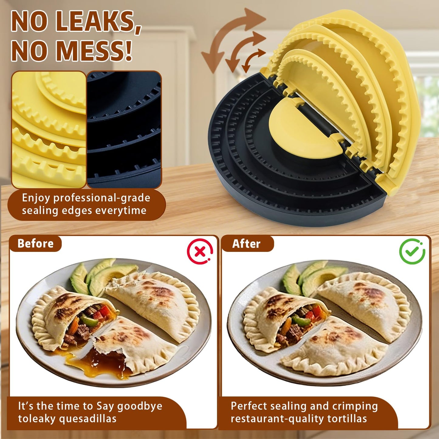 Tortilla Sealer Crimper Press - 4-in-1Quesadilla Maker for 4, 6, 8, 10 Inch Multi-Size Quesadilla Crimper | Burrito Maker for Large Batches, Tacos & Empanadas | BPA-Free & Dishwasher Safe