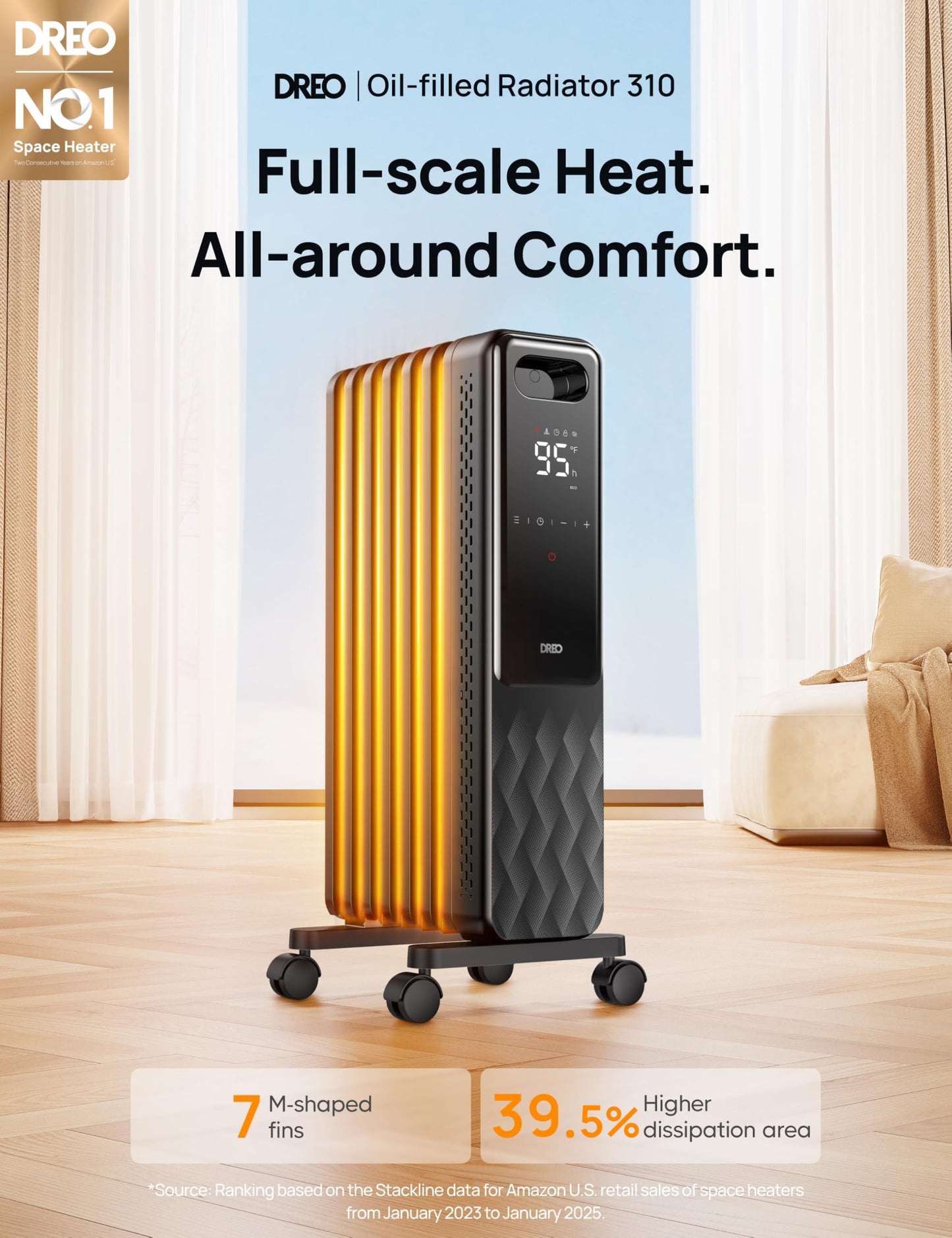 DREO Oil Filled Radiator, Electric Radiant Heaters for indoor use Large Room with Remote Control, Child Lock, 4 Modes, Overheat & Tip-Over Protection, 24h Timer, Digital Thermostat, Quiet, 1500W