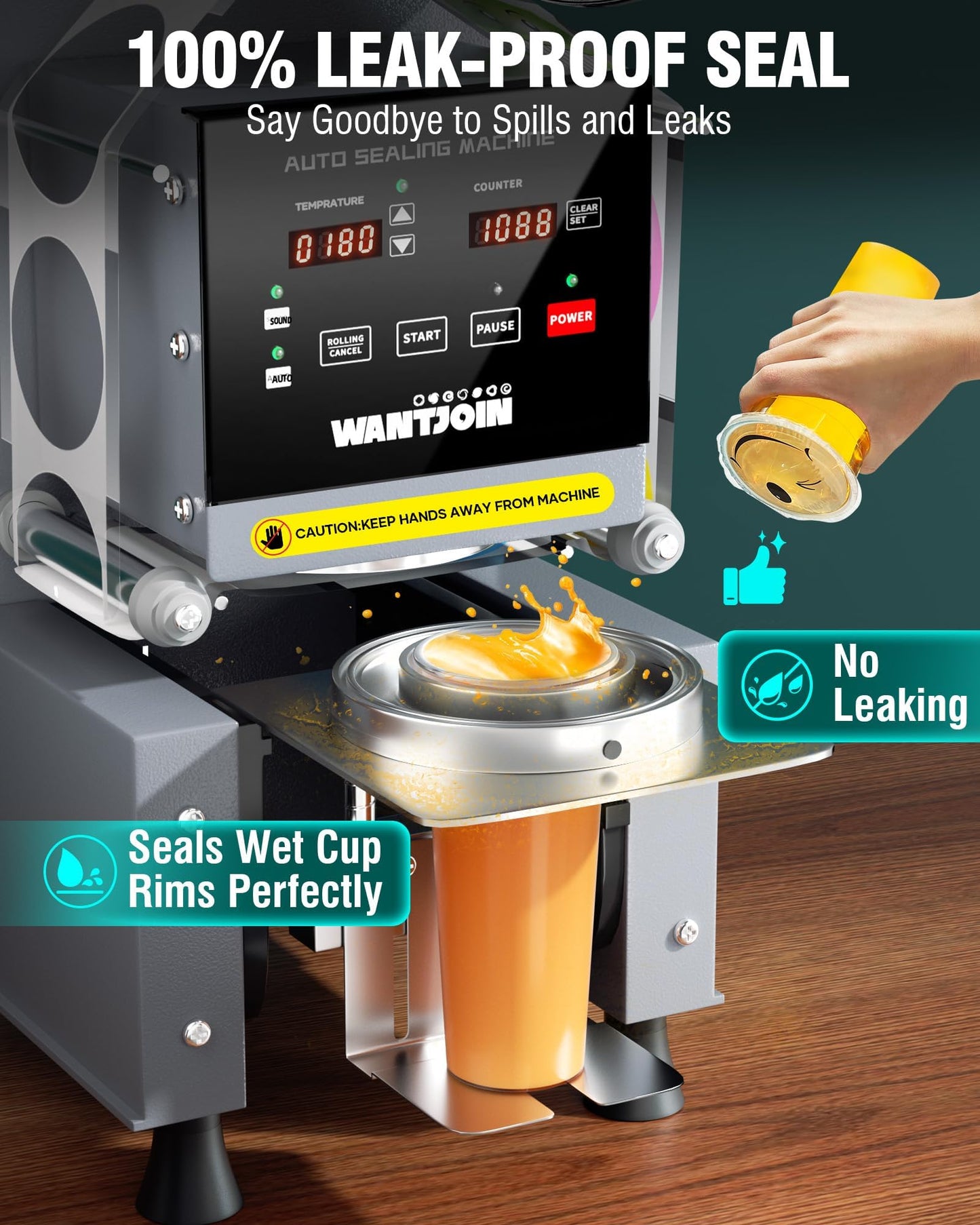 WantJoin Cup Sealer Machine - Full Automatic Cup Sealing Machine Electric Boba Sealing Machine Seals 500-600 Cups/H Digital Control Panel Cup Sealer for Bubble Milk Tea Coffee Shop,20''H 90/95mm
