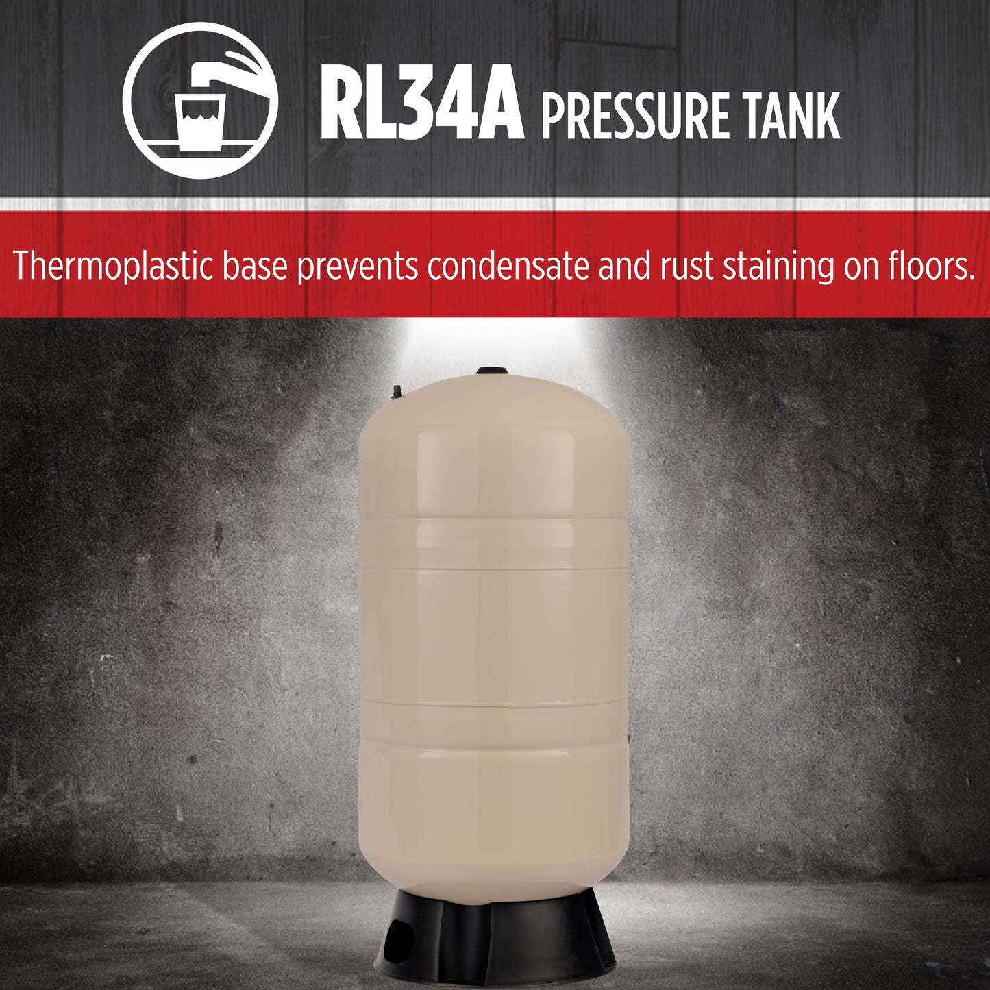 Red Lion RL34A 34-Gallon Vertical Pre-Charged Pressure Tank with Thermoplastic Base for Well Pumps, 1-Inch FNPT System Connection, Almond, 604683