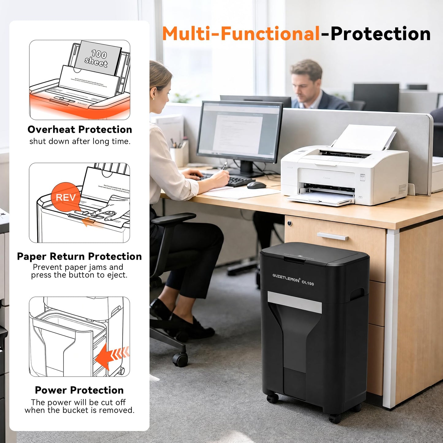 QUIETLEMON 100-Sheet Auto Feed Paper Shredder, 40 Min Non-Stop, Shredders for Home Office Heavy Duty, P-4 Ultra Security Shredder for Home Office, Cross-Cut with Wheels, 4.5 Gal Bin, <63 dB (OL100)