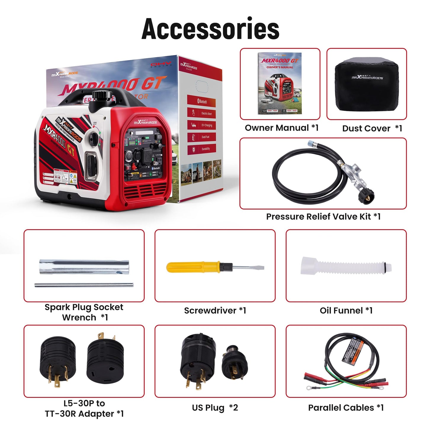 maXpeedingrods 4000 Watt Dual Fuel Inverter Generator with Bluetooth® Control Start and Display, RV Ready, Electric Start, Quiet for Outdoor Camping, Home Backup, Garden，PGMA Compliant