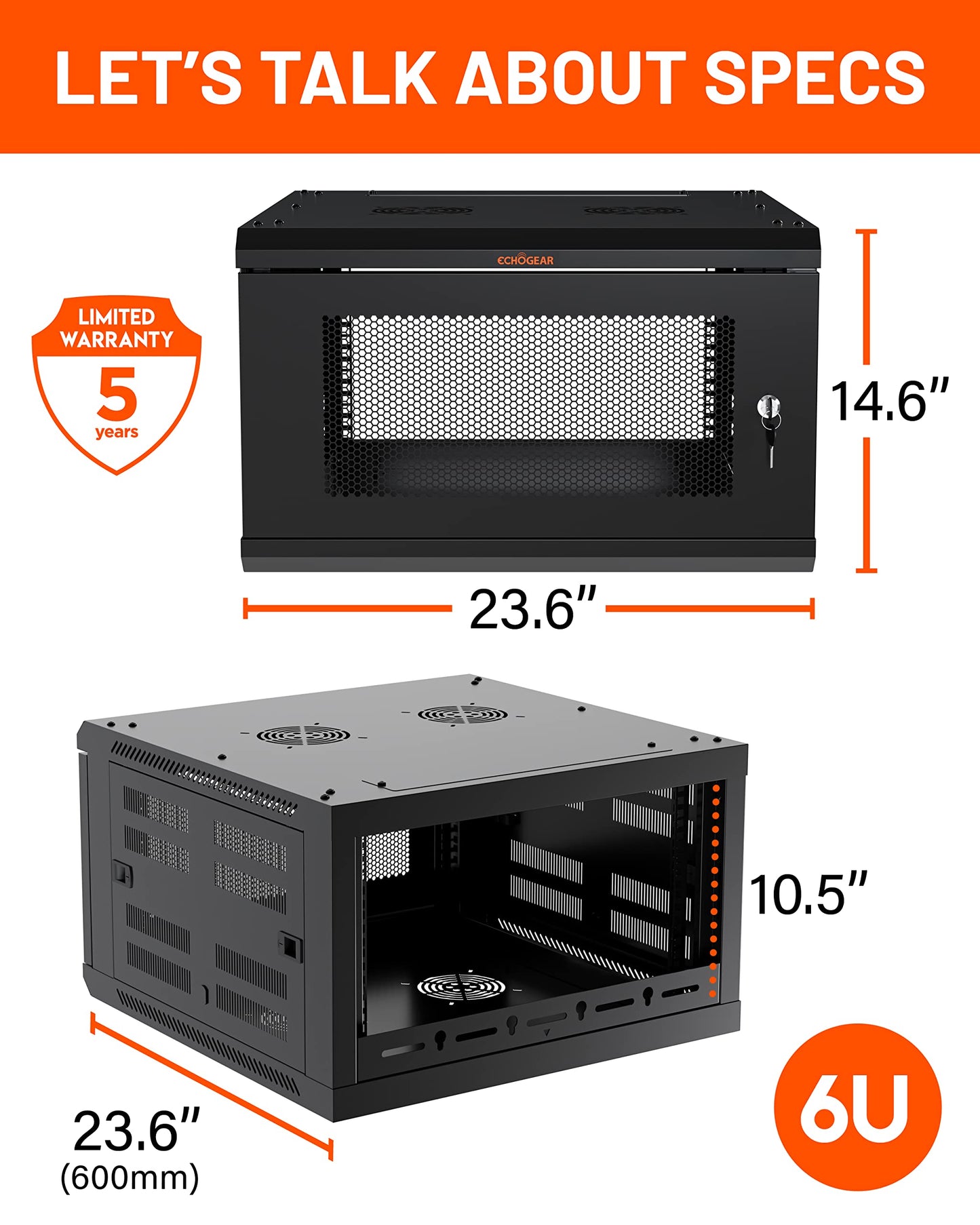 ECHOGEAR 6U Network Rack - Enclosed Wall Mount Rack Kit Includes 2x 1U Shelves, Pre-Mounted Fan, Lockable Door & Hardware - 600mm Depth Fits All Your AV Gear