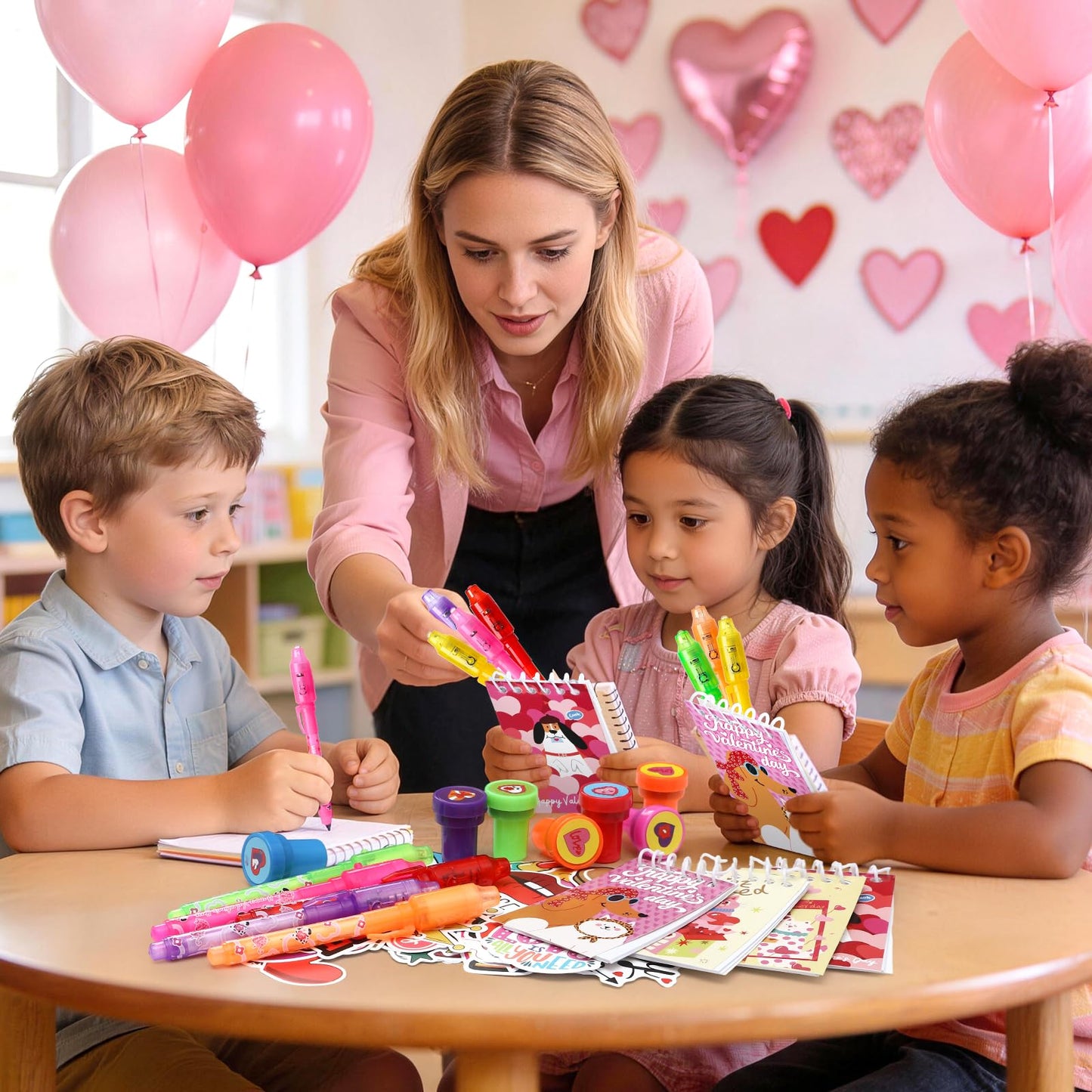 SNLN Valentines Party Favors Valentines Day Gifts for Kids Classroom, 24 Pack Invisible Ink Pen Notebook Stamp Sticker Boys Girls School Classroom Exchange Gifts Birthday Goodie Bags Stuffers - Pet