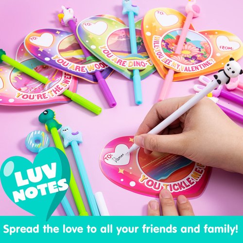 JOYIN 28 Packs Valentine Animal Pen with Greeting Cards, Stationery Gift Set for Kids, Classroom Exchange Prizes