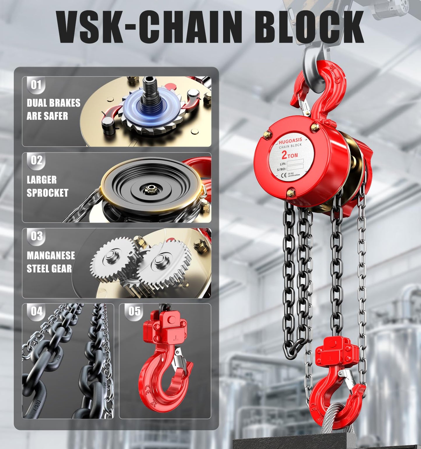 HUGOASIS Manual Chain Hoist 2 Ton 4400 Lbs Capacity 10ft with 2 Heavy Duty Hooks, Chain Fall Block for Warehouse Building Automotive Machinery,Red