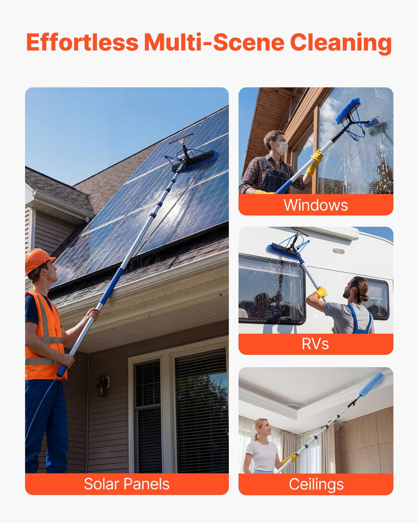 VEVOR Solar Panel Cleaning Kit, 33 ft, Water Fed Pole Kit with Cleaning Brush, Squeegee, Soap Dispenser, Extendable Aluminum Telescopic Pole, 180° Rotatable Brush Head, for Roof Mounted Solar Panels