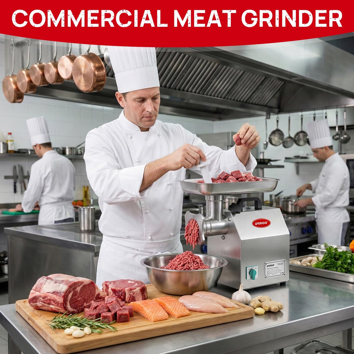 ARINOO #12 Commercial Meat Grinder,1.0HP Professional Electric Meat Mincer,Heavy Duty Stainless Steel Sausage Stuffer with 2 Blades,3 Stuffing Tubes for Kitchen,restaurant,Small-Batch Processing Farms