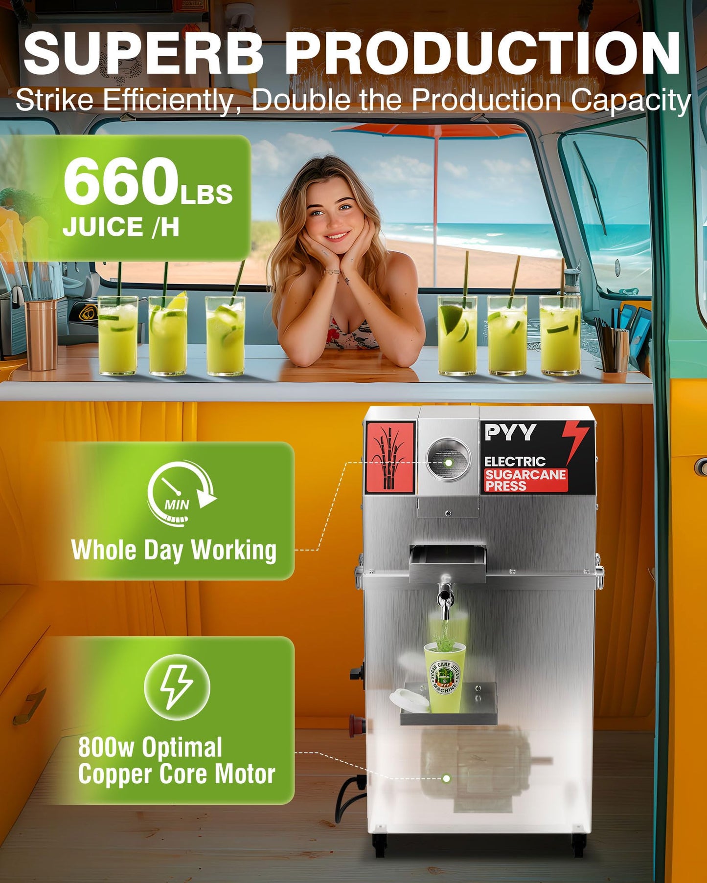 PYY Commercial Sugar Cane Juicer Machine - Electric 3-Roller Sugarcane Juice Press Stainless Steel Extractor, Sugarcane Machine with Cleaning Brush, 2 Peelers,Straws and Cups, 800W 110V 29Inch