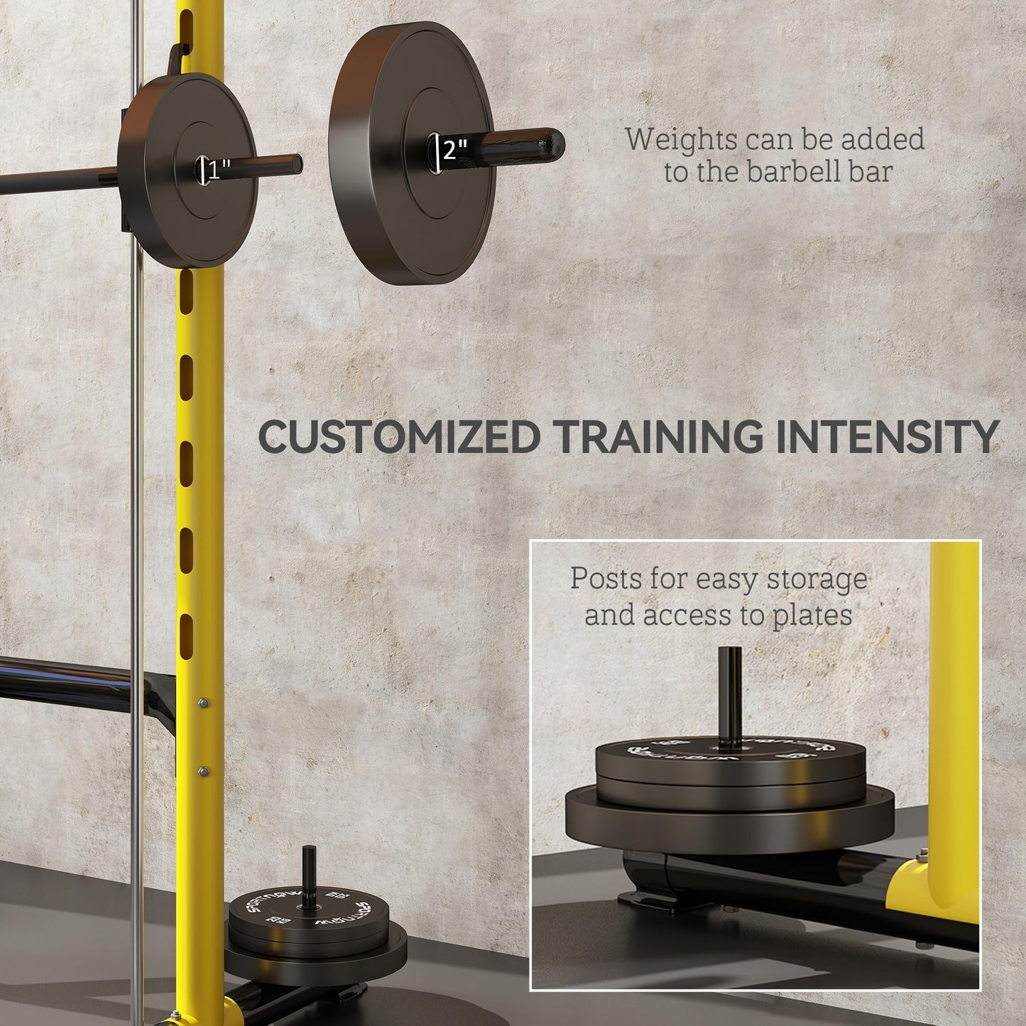 Soozier Squat Rack with Pull-Up Bar, Adjustable Power Rack with Barbell Bar, Multi-Functional Bench Press Rack for Home Gym Strength Training, Yellow
