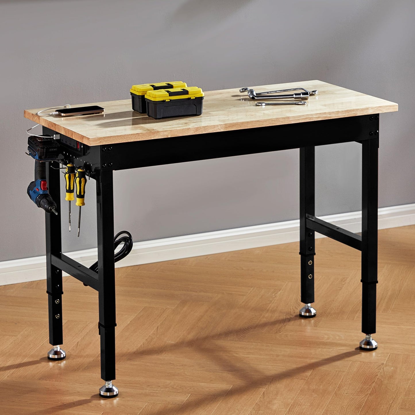 Albott 44x20 in Adjustable Workbench with Power Outlets, 2000 LBs Heavy Duty Wood Workbench with Hooks, Solid Rubber Wood Top for Garage, Workshop, Woodworking, Home Office