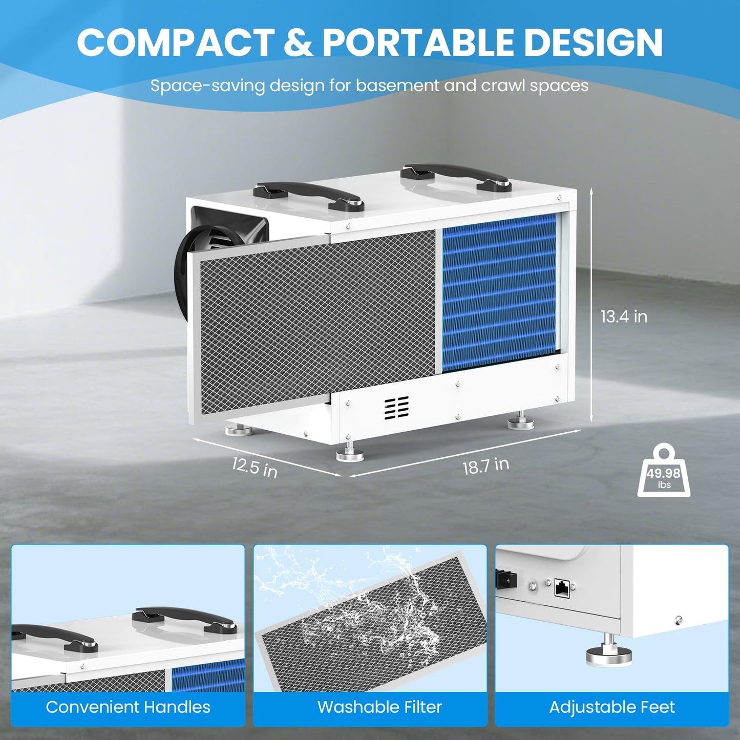 CADPXS Crawl Space Dehumidifier with Pump, 125 Pints Commercial Dehumidifiers with Drain Hose, Dehumidifier for Crawlspace, Basements & Water Damage Use, Memory Restart, cETL, 5 Years Limited Warranty