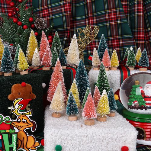 Christmas Decorations Mini Christmas Tree 35pcs,Mini Miniature Christmas Pine Tree Bottle Brush Trees Wooden Bases Tree for Your Village Desktop Xmas Holiday Party (Pink+Yellow+Blue+Green+Beige)