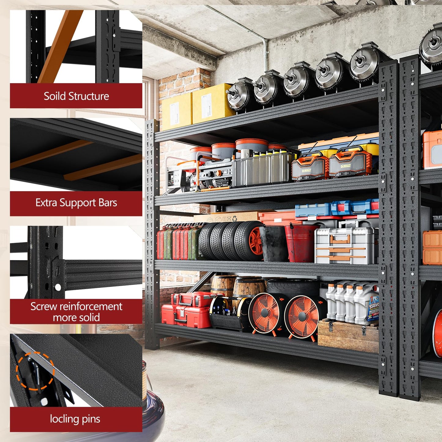 RAVIGIN 3000LBS Storage Shelves, 48" W Garage Shelving Heavy Duty Metal Adjustable Garage Shelves, Shelving Units Industrial Shelving for Warehouse, 48" W x 23.7" D x 70" H, Black