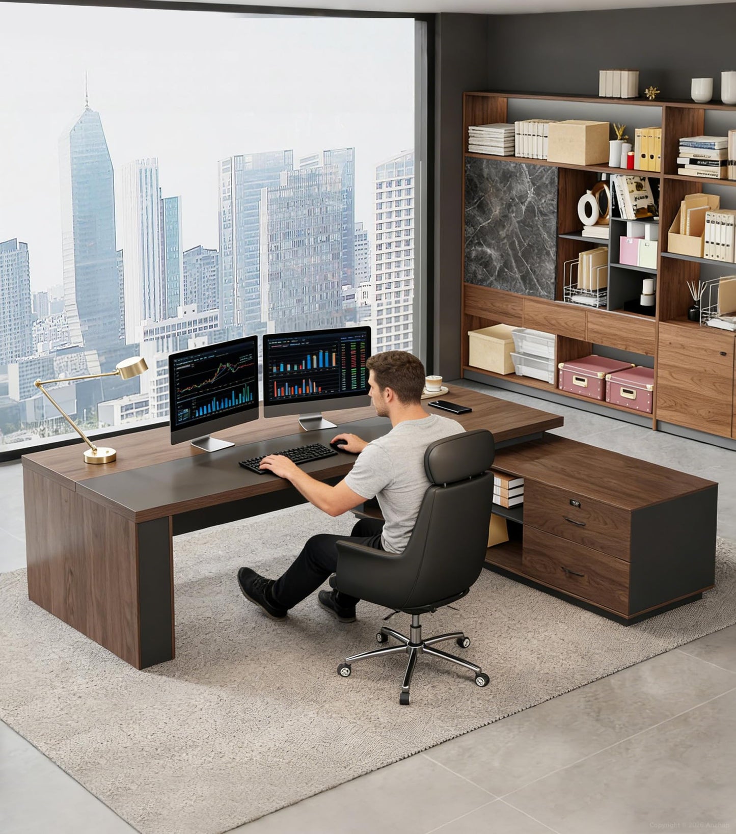 87" Reversible L-Shaped Executive Desk with Drawers – Luxury Office Computer Desk with Open Shelves, LED Lighting, Built-in Outlet & USB Ports for Home Office, Corporate, School (87"W x 71"D x 30"H)
